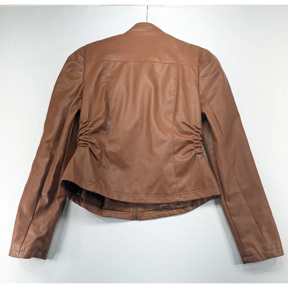 Miss Selfie‎ Womens Cognac Brown Faux Leather Ruched Moto Biker Jacket Large